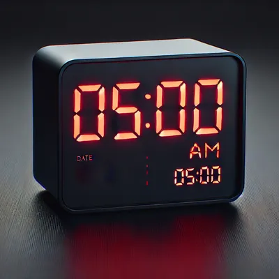AI-generated realistic drawing of an alarm clock showing 05:00AM.