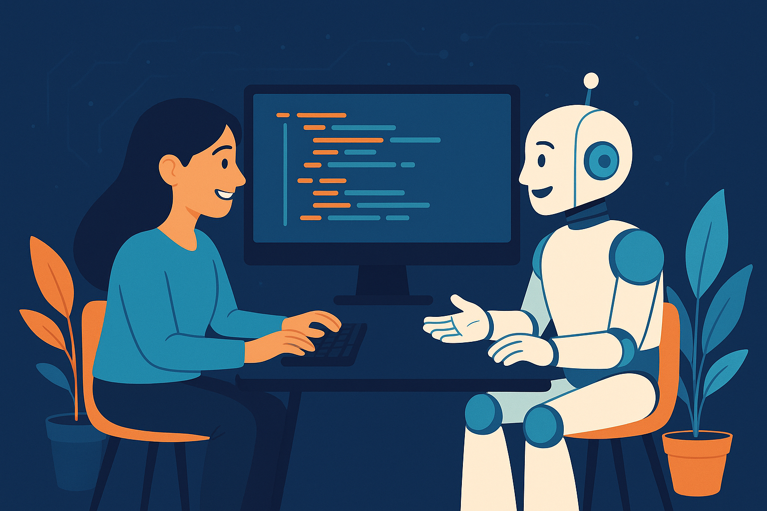 AI-generated drawing of a female programmer discussing code with an android.