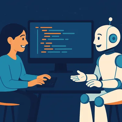 AI-generated drawing of a female programmer discussing code with an android.