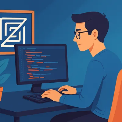 AI-generated image in cartoon style of a programmer sitting in front of a desktop computer with a framed picture of the Zed editor logo on the opposite wall.
