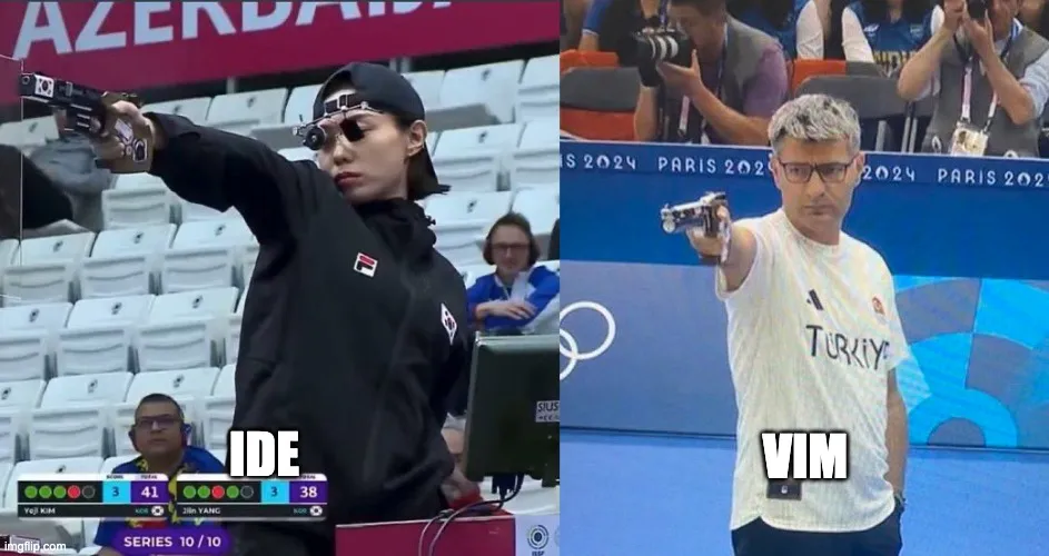 Olympic sharp shooter meme comparing IDE with plugins to only using Vim.