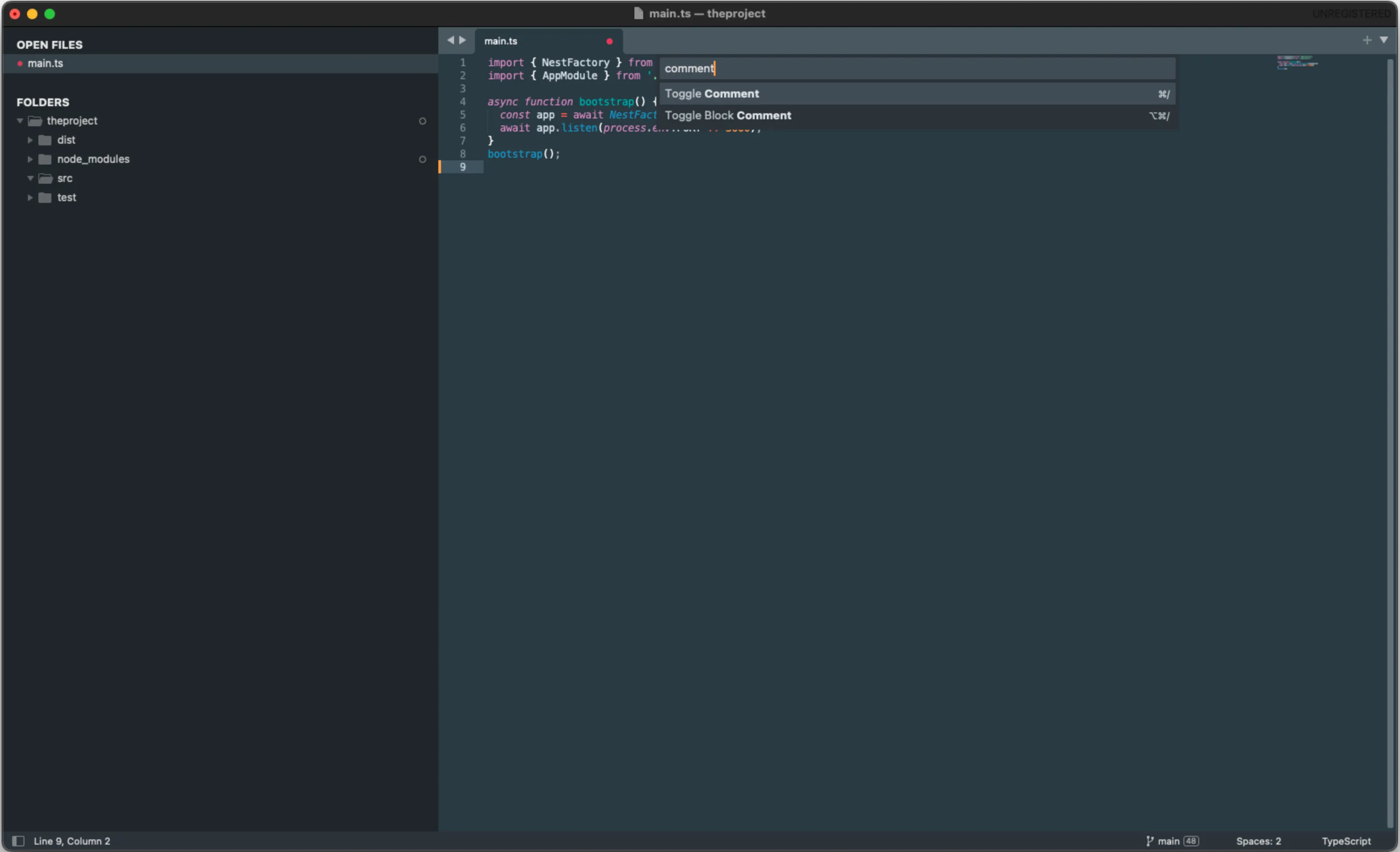 Sublime Text window for a simple NestJS project showing main editor pane, project browser, status bar, and command palette.