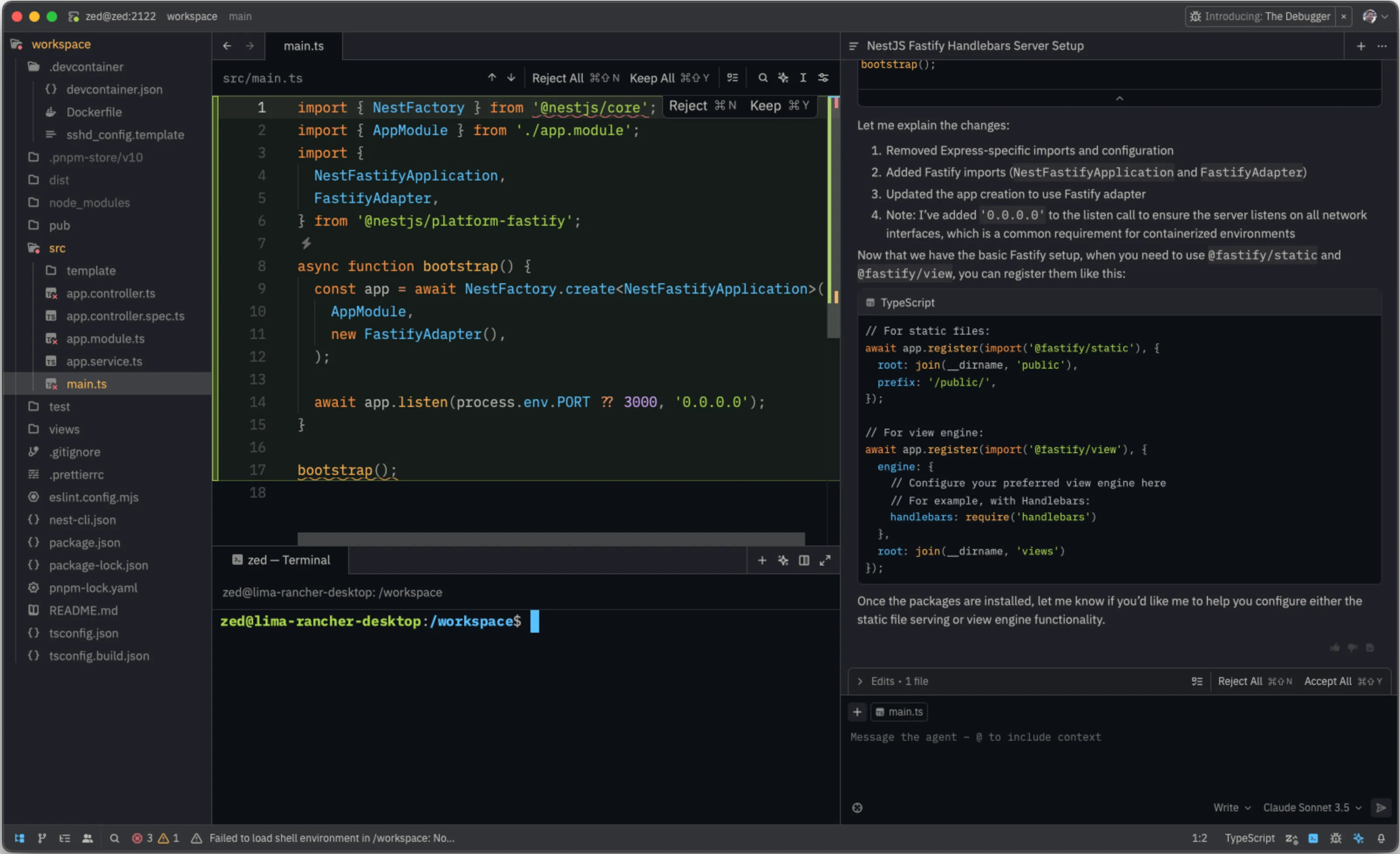 Agent updating a NestJS application to use Fastify.
