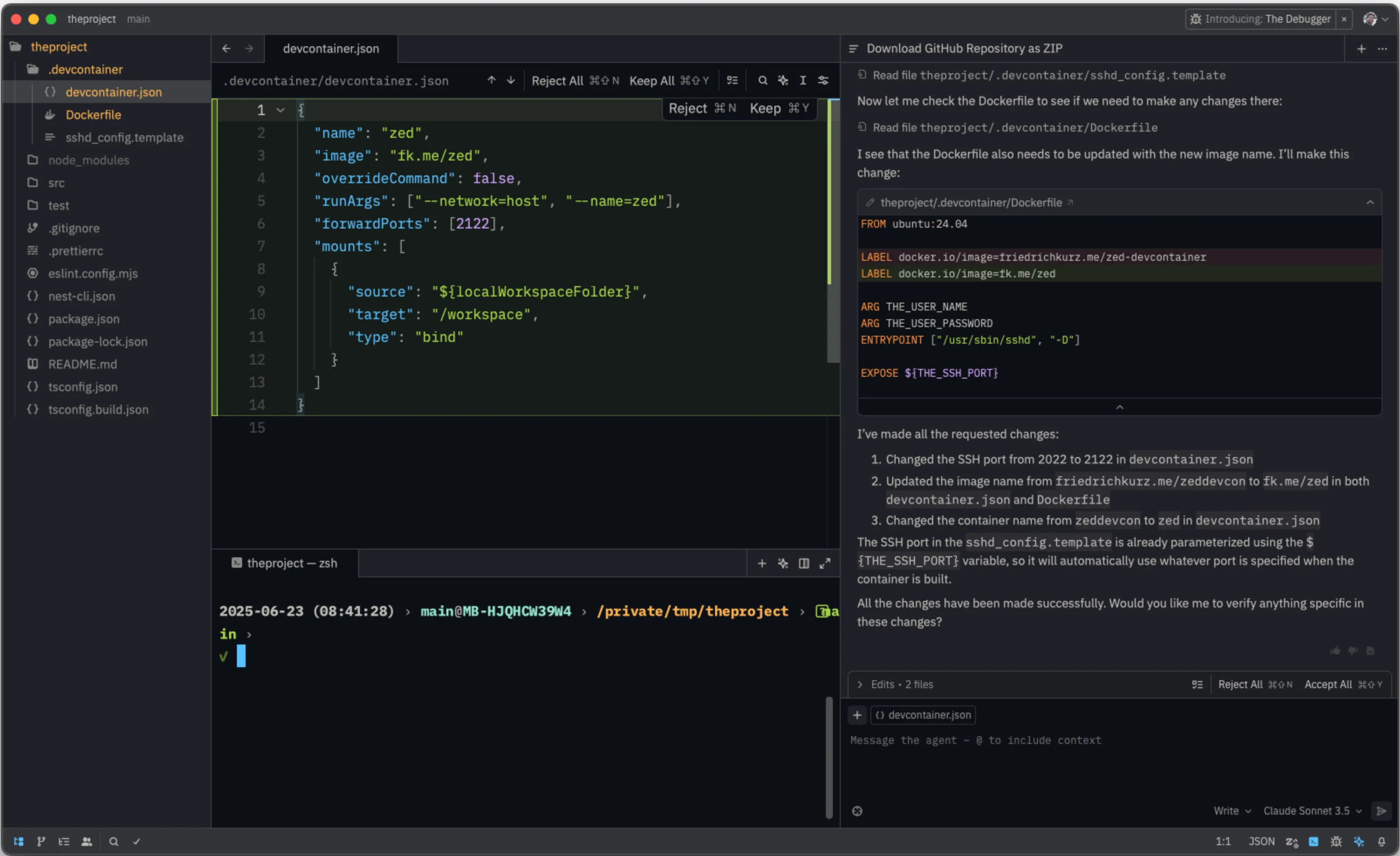The Zed agent panel processing a prompt.