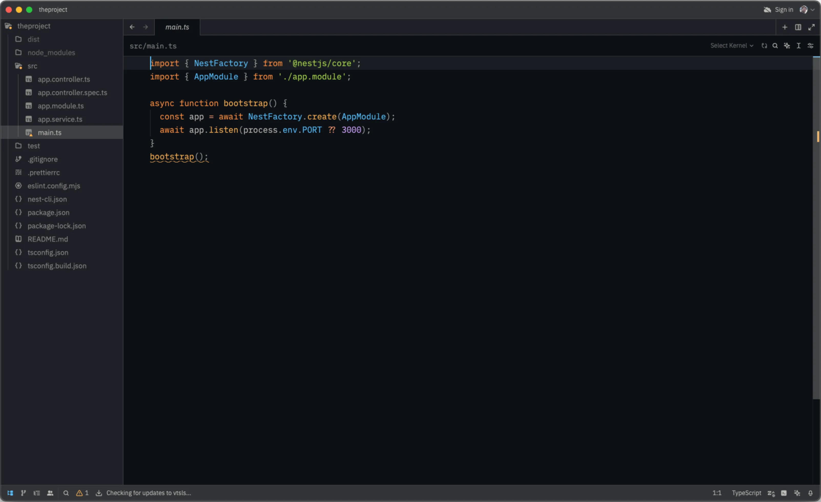 Zed editor window for a simple NestJS project.