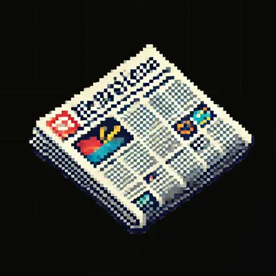 A pixel art image of a newspaper on black background in isometric view.