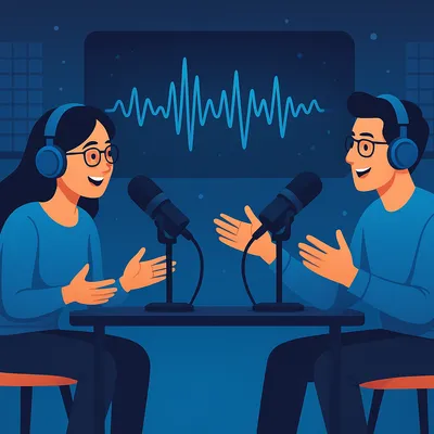 AI-generated drawing of a woman and a man engaged in conversion on a podcast.
