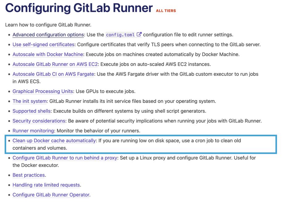 Configuring GitLab runners page with highlighted link that suggests cron clean up approach.
